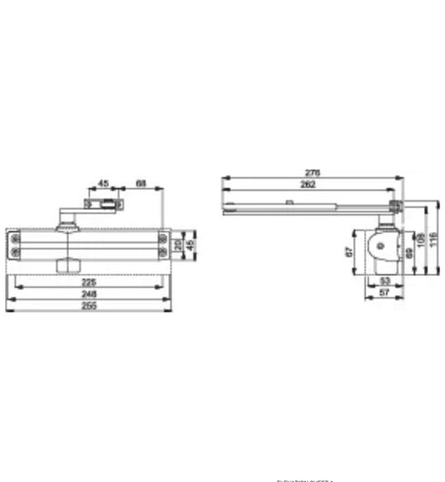 Side angle of ARRONE AR1500 door closer showing spring tension adjustment and RAL 9005 color